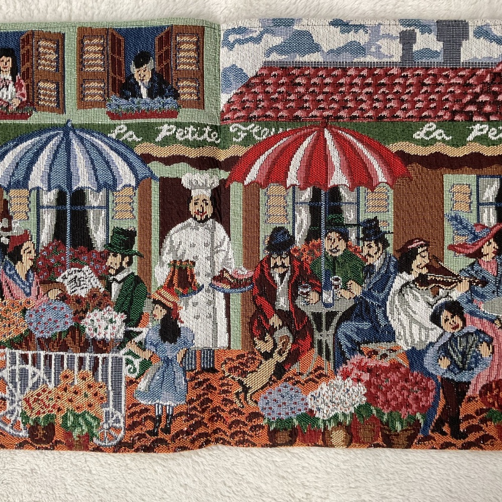 Vintage French Café Tapestry Table Runner Paris Market Scene 72”
